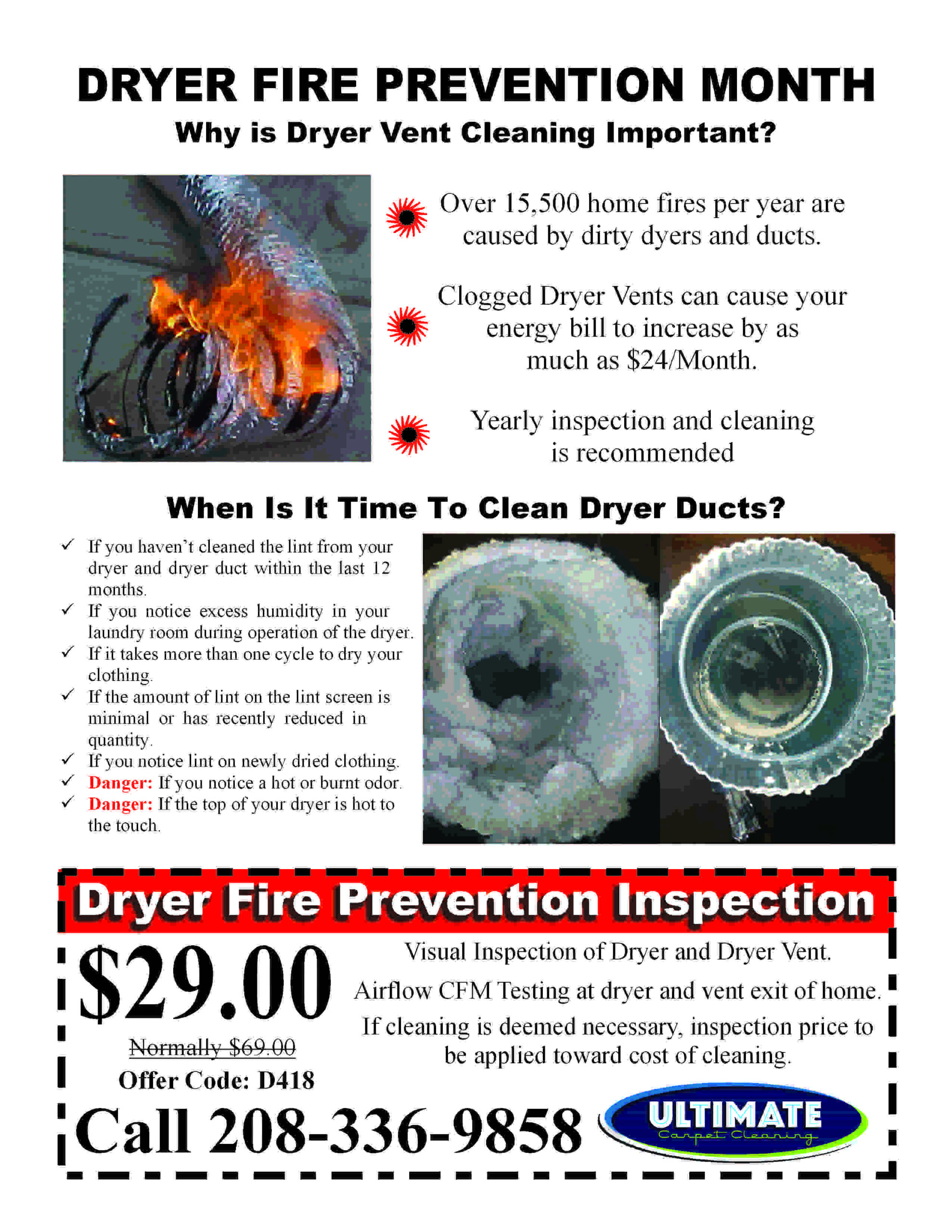 Dryer fire prevention flyer ULTIMATE Carpet Cleaning Boise